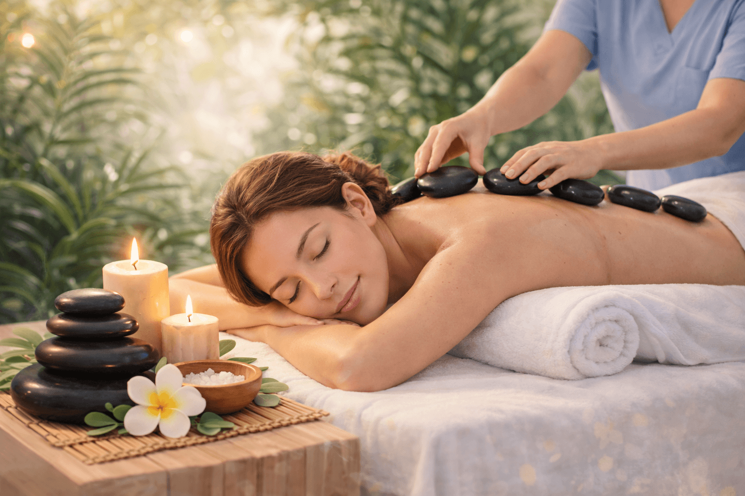 Hot stone massage therapy session in progress